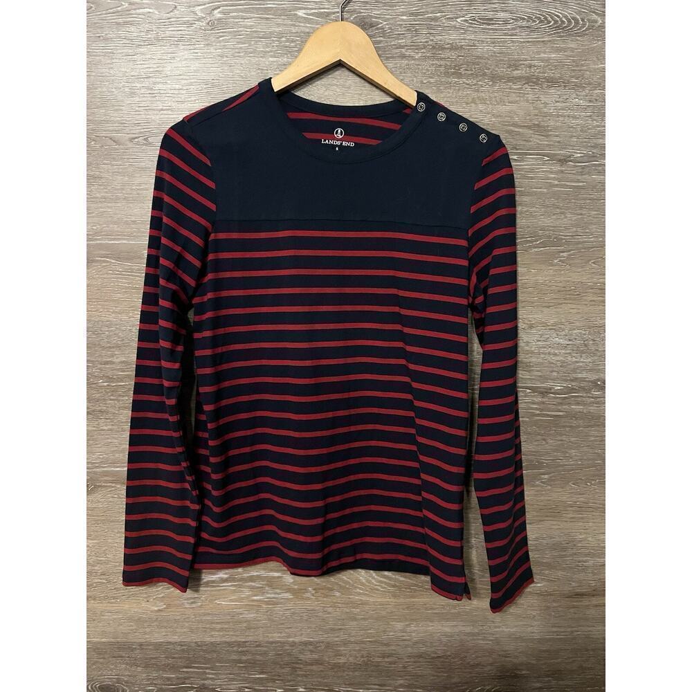 Lands End Top Red Blue Striped Button Back Long Sleeve Preppy Nautical S